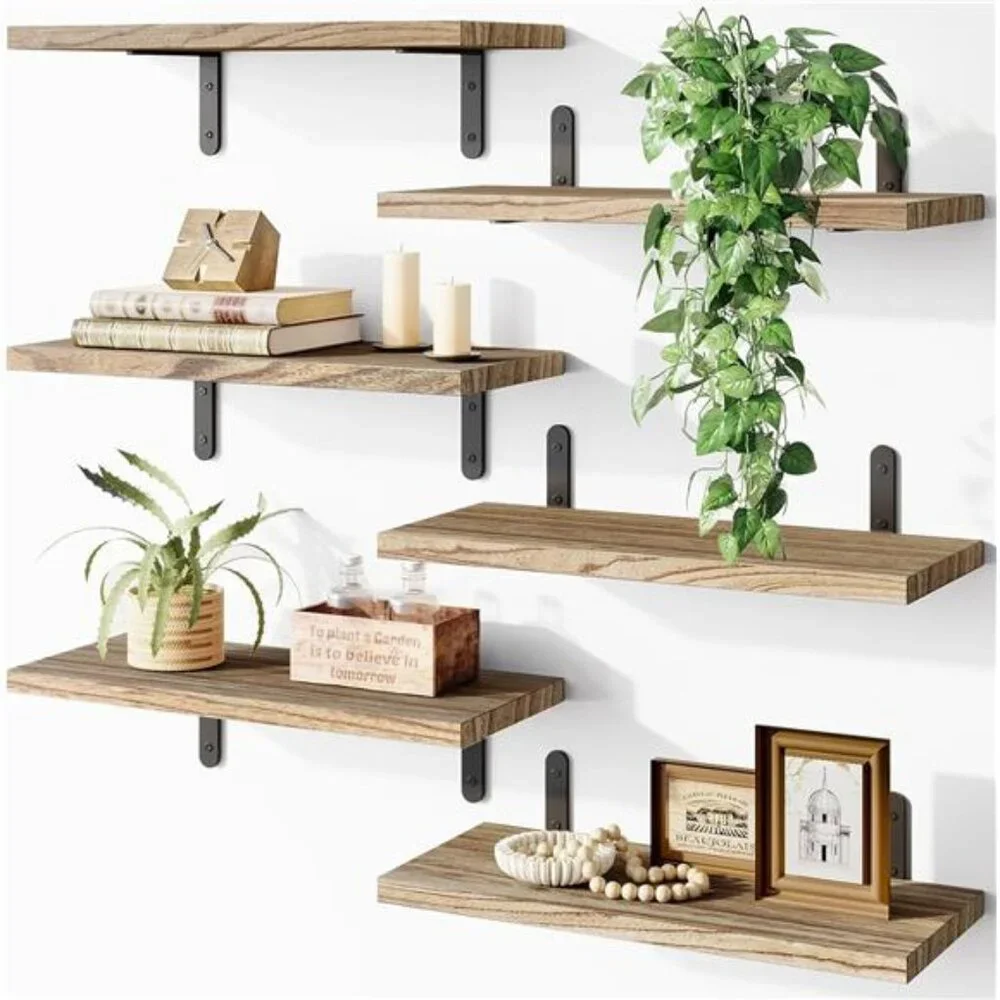 Wood Floating Shelves - Set of 6, Rustic Brown - Wall Mounted, Farmhouse Shelf
